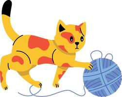 A flat style illustration showing a cat playing with a yarn ball vector