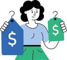 Flat style illustration showing buyer comparing prices of items vector