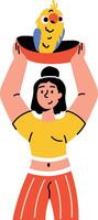 A flat style illustration showing a character holding a cute parrot vector