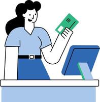 A flat illustration showing a character standing at checkout counter vector