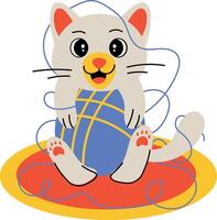 A flat style illustration of a cat playing with a yarn ball vector