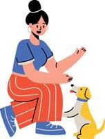 A flat style illustration showing a character playing with cute puppy vector