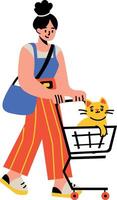 A flat style illustration showing a cat sitting in a shopping cart vector