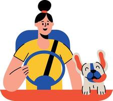A flat style illustration showing a character driving with his pet vector