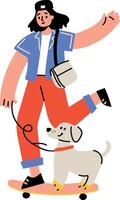 A flat style illustration showing a character skating with his dog vector