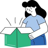 Flat style illustration showing character unboxing a product delivery vector