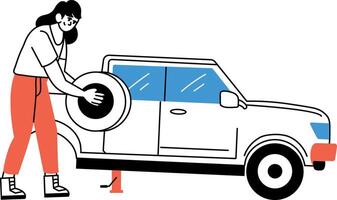 A hand drawn style illustration of changing tyre vector