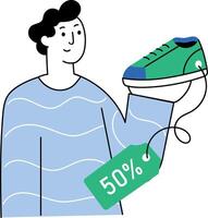 Flat style illustration showing person checking shoe sale offer vector
