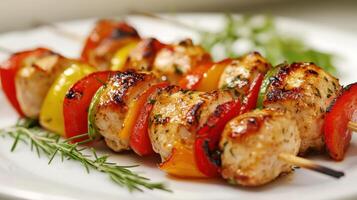 Grilled chicken and bell pepper skewers on a plate photo