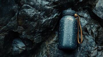 Dark bottle on wet rocks photo