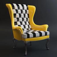 Yellow armchair with black and white checkered pattern photo