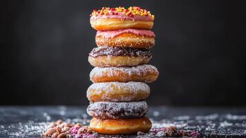 Stacked donuts with colorful toppings photo