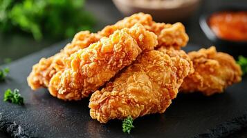 Crispy fried chicken pieces on a slate plate photo