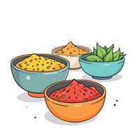 Vsai colorful spices and herbs resting in bowls, ready for cooking vector