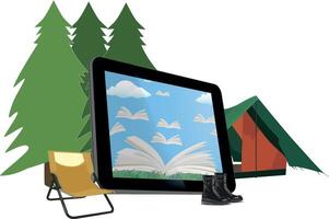Tablet with books in a camping setting vector