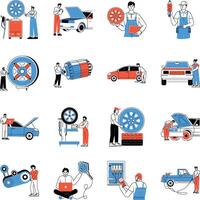 Automotive mechanics working on different tasks vector