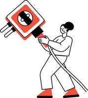 A drawing style illustration showing an electrician working on wiring vector