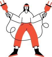 A hand drawn illustration showing a wiring engineer fixing cables vector