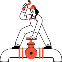 A sketchy style illustration showing a pipeline engineer inspecting pipes vector