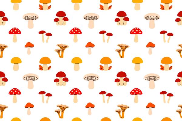 seamless pattern featuring a variety of wild forest mushrooms in different shapes and colors, ideal for kitchen and natural themes