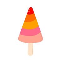 Colorful layered ice cream with triangular shape on wooden stick, ideal for summer treats, fruit-flavored desserts, or playful food designs vector