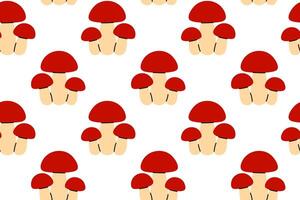 Repeating pattern featuring red mushrooms with pale stems, ideal for autumn themes, kids design, and kitchen textiles vector