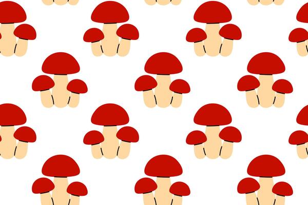 Repeating pattern featuring red mushrooms with pale stems, ideal for autumn themes, kids design, and kitchen textiles