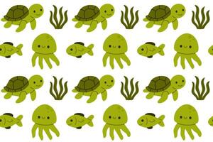 Green jellyfish, turtles, and seaweed arranged in a seamless marine pattern, ideal for nature and underwater-themed kids products vector