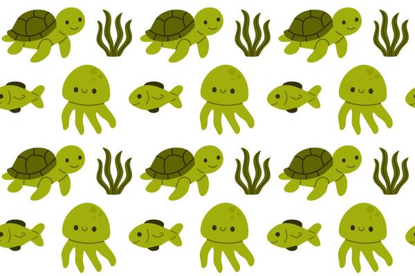 Green jellyfish, turtles, and seaweed arranged in a seamless marine pattern, ideal for nature and underwater-themed kids products