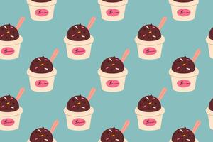 Seamless pattern of chocolate ice cream scoops in paper cups with sprinkles and spoons on teal background, ideal for dessert packaging and food-themed designs vector