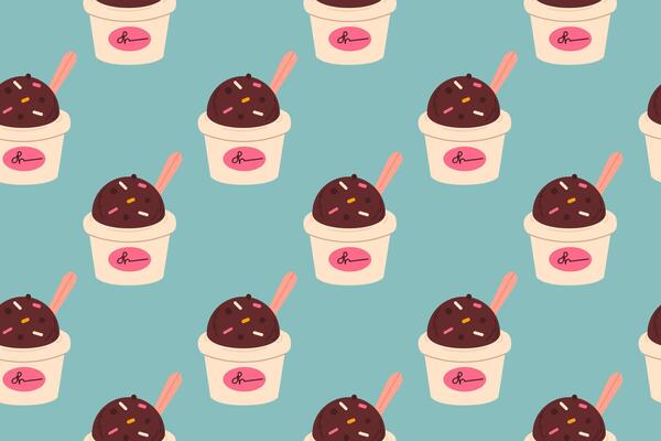 Seamless pattern of chocolate ice cream scoops in paper cups with sprinkles and spoons on teal background, ideal for dessert packaging and food-themed designs