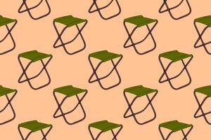 Seamless pattern with round green camping chairs on peach background. Comfortable outdoor furniture repeating design. vector