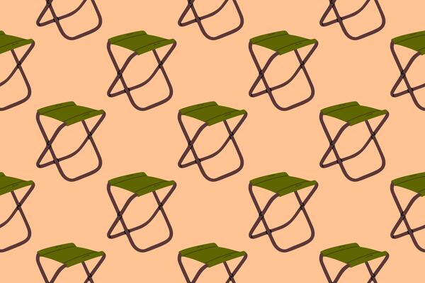 Seamless pattern with round green camping chairs on peach background. Comfortable outdoor furniture repeating design.