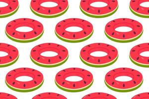 Seamless pattern with red and green watermelon-shaped pool floats on white background, perfect for summer packaging, fabric, or kids' products vector
