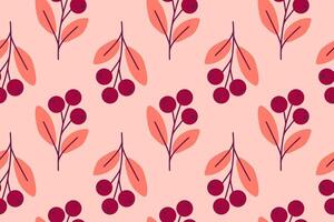 Seamless pattern with red berries and pink leaves on a soft background for autumn designs, packaging and surface prints vector