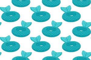 Seamless pattern with inflatable mermaid tail pool floats in turquoise on white background, perfect for summer fabric, wrapping, and kids products vector