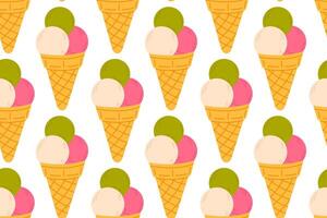 Seamless pattern of colorful triple scoop ice cream cones on white background, perfect for sweet summer visuals and dessert-themed prints vector