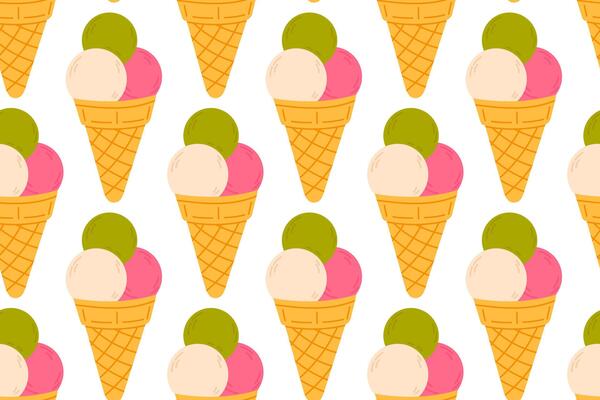 Seamless pattern of colorful triple scoop ice cream cones on white background, perfect for sweet summer visuals and dessert-themed prints