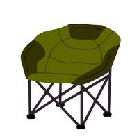 Green round padded camping chair with soft backrest and folding frame. Comfortable seat for outdoor relaxation. vector