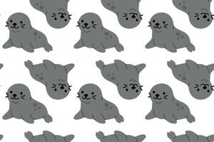 Gray seal seamless pattern with smiling faces and relaxed poses, ideal for marine-themed childrens illustrations vector