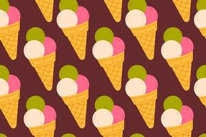Seamless pattern of triple scoop ice cream cones with colorful flavors on dark background, ideal for dessert packaging or summer food design vector