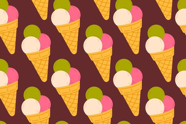 Seamless pattern of triple scoop ice cream cones with colorful flavors on dark background, ideal for dessert packaging or summer food design
