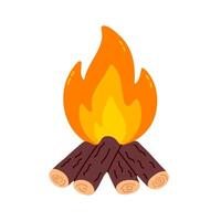 Minimal campfire built from logs with bright flame. Great for outdoor graphics, forest survival visuals, camping and hiking design vector