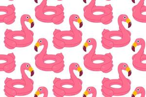 Seamless pattern with pink flamingo-shaped pool floats on white background, perfect for swimwear, packaging, and summer stationery vector
