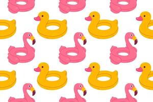 Seamless pattern with alternating pink flamingo and yellow duck pool floats on white background, perfect for summer packaging and fabric vector