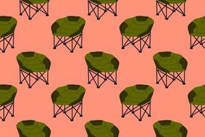 Seamless pattern with green padded camping chairs on warm pink background. Outdoor comfort design for fabric and projects. vector
