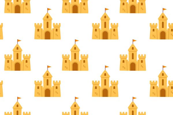Repeating sandcastle pattern on white. Perfect for wrapping paper, textile, and summer kids products.