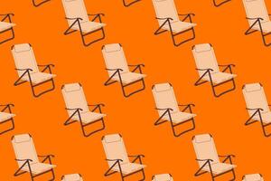 Seamless pattern with beige reclining camping chairs on orange background. Outdoor furniture repeating design for textiles and prints. vector