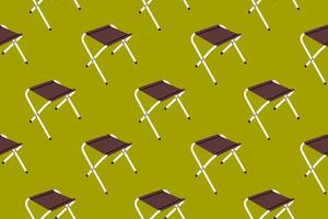 Seamless pattern with folding camping stools on olive green background. Minimalist outdoor travel furniture design. vector