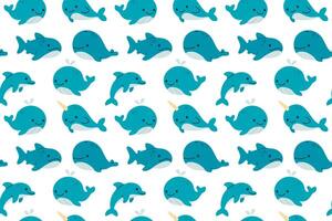 Seamless marine pattern with blue whales and narwhals swimming across a clean white background for ocean-themed childrens decor vector